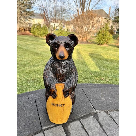 Chain Saw Carved Wood Bear Statue 21” Holding Honey Pot Rustic Cabin Decor